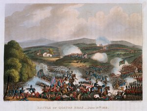 Bitva u Quatre Bras 16. června 1815, vyryto Thomasem Sutherlandem, 1815 (barevná akvatinta) od William Heath
