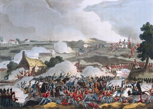 Střed britské armády v akci v bitvě u Waterloo, 18. června 1815, akvatinta od Sutherlanda, 1815 (barevná akvatinta)