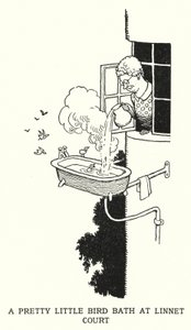 A Pretty Little Bird Bath v Linnet Court (litho) od William Heath Robinson