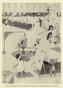 Rušné ráno v přepychovém ateliéru módní vlasové umělkyně od William Heath Robinson