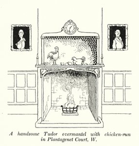 Pohledný tudorovský plášť s kuřecím masem v Plantagenet Court, W (litho) od William Heath Robinson