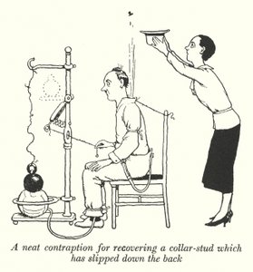 Elegantní zařízení pro obnovení cvočku na límci, který sklouzl po zádech (litho) od William Heath Robinson