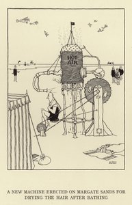 Nový stroj na sušení vlasů po koupání postavený na Margate Sands od William Heath Robinson