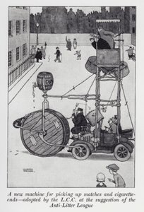 Nový stroj na sbírání zápalek a nedopalků cigaret přijatý LCC na návrh Ligy proti vrhu (litho) od William Heath Robinson