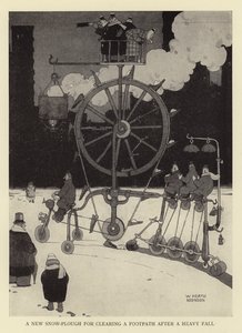 Nový sněhový pluh pro čištění pěšiny po těžkém pádu od William Heath Robinson