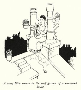 Útulný malý koutek ve střešní zahradě přestavěného domu (litho) od William Heath Robinson