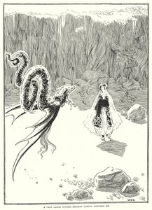 Velmi velký okřídlený had jde ke mně (rytina) od William Heath Robinson