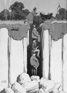 Skutek laskavosti, přemýšlivost tří pánů v asistující dámě nad propastí (pero a inkoust, akvarel) od William Heath Robinson
