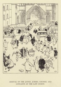 Příjezd soudce, porot, právního zástupce a sporných stran k soudním soudům od William Heath Robinson