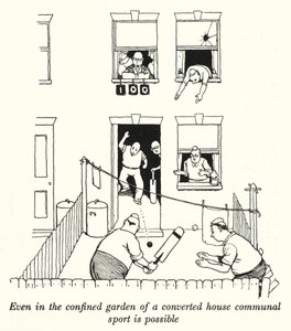I v omezené zahradě přestavěného domu je možný společný sport (litho) od William Heath Robinson