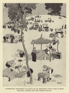Zajímavé ošetření dobytka na argentinské farmě, aby bylo maso před zabitím jemné a měkké od William Heath Robinson