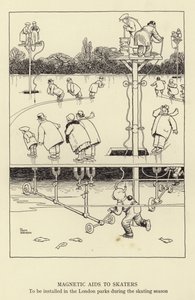 Magnetické pomůcky pro bruslaře, které budou instalovány v londýnských parcích během bruslařské sezóny od William Heath Robinson