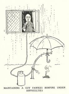 Udržování ohně Guy Fawkes v obtížích (litho) od William Heath Robinson