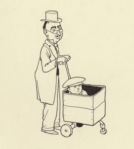 Muž tlačí chlapce v krabici od William Heath Robinson
