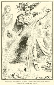 Petruchio předstíral, že se mu každý pokrm nelíbí, a rozhazoval maso po podlaze. od William Heath Robinson