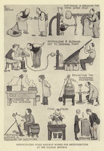 Oživování zatuchlých železničních koláčků na přerozdělení u nádražních bufetů od William Heath Robinson