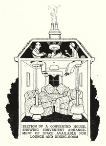 Část přestavěného domu, znázorňující pohodlné uspořádání prostoru dostupného pro salonek a jídelnu (litho) od William Heath Robinson