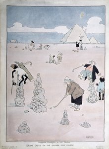 Letní potíže v tropech – vrhání hadů na golfovém hřišti Sahara (pero, inkoust a akvarel) od William Heath Robinson