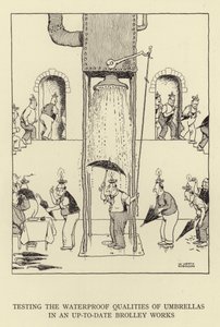 Testování vodotěsných vlastností deštníků v moderním závodě Brolley Works od William Heath Robinson