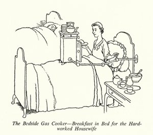 Noční plynový vařič, snídaně do postele pro tvrdě pracující hospodyňku (litho) od William Heath Robinson
