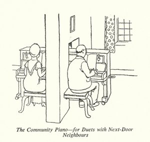 Komunitní klavír, pro dueta se sousedy (litho) od William Heath Robinson