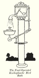 Ptačí lázeň Kwiksplasche provozovaná drůbeží (litho) od William Heath Robinson