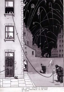„Nejnovější metoda probouzení speciálních strážníků v hluboké noci“, ilustrace k „Inventions“, Duckworth 1973 (pero a inkoust, akvarel) od William Heath Robinson
