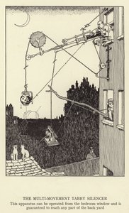 Multi-movement Tabby Silencer, toto zařízení lze ovládat z okna ložnice a je zaručeno, že dosáhne jakékoli části zadního dvora. od William Heath Robinson