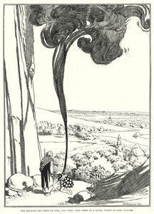 Kouzelník je zapálil, a když byly v plamenech, hodil do nich nějaké kadidlo (rytina) od William Heath Robinson