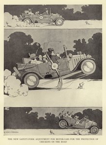 Nová bezpečnostní úprava vidlice pro osobní automobily pro ochranu kuřat na silnici od William Heath Robinson