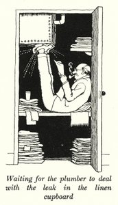 Čekání, až se instalatér vypořádá s netěsností ve skříni na prádlo (litho) od William Heath Robinson