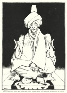 Co ho velmi potěšilo, bylo vidět, jak Abou Hassan naplňuje svůj trůn téměř takovou gravitací jako on sám (rytina) od William Heath Robinson