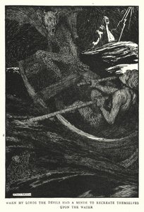 Když moji páni, ďáblové měli v úmyslu znovu se vytvořit na vodě (litho) od William Heath Robinson