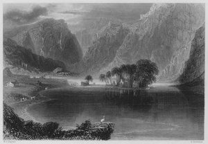 Gougane Barra (rytina) od William Henry (after) Bartlett