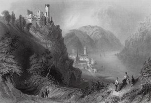 Oberwesel a hrad Schomberg (rytina) od William Henry (after) Bartlett