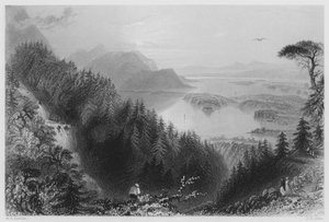 Dolní a Torc jezera, Killarney, z vodopádu Torc (rytina) od William Henry (after) Bartlett