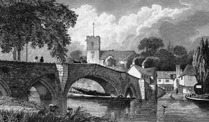 Aylesfordský kostel a most, vyryl B. Winkles, vydáno 1829 od William Henry Bartlett