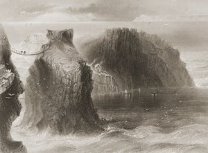 Lanový most Carrick-a-Rede, hrabství Antrim, Severní Irsko, z „Scenery and Antiquities of Ireland“ od George Virtue, 60. léta 19. století od William Henry Bartlett