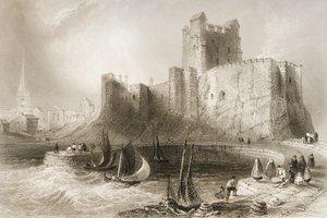 Hrad Carrickfergus, hrabství Antrim, Severní Irsko, z knihy "Scenery and Antiquities of Ireland" od George Virtueho, 60. léta 19. století od William Henry Bartlett