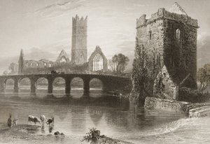Clare Abbey, hrabství Clare, Irsko, z knihy "Scenery and Antiquities of Ireland" od George Virtue, 60. léta 19. století od William Henry Bartlett