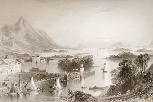 Clew Bay viděný z Westport, hrabství Mayo, z „Scenery and Antiquities of Ireland“ od George Virtue, 1860 od William Henry Bartlett
