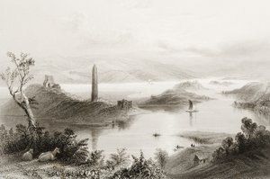 Ostrov Devenish, hrabství Fermanagh, Irsko, z knihy "Scenery and Antiquities of Ireland" od George Virtue, 60. léta 19. století od William Henry Bartlett