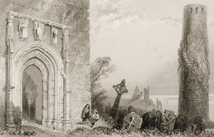 Dveře do chrámu, Clonmacnois, hrabství Offaly, Irsko, z knihy "Scenery and Antiquities of Ireland" od George Virtue, 60. léta 19. století