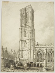 Exteriér chrámového kostela, zobrazující internaci, kolem roku 1825 (tužka a akvarel na papíře) od William Henry Bartlett