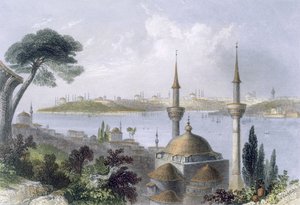 Celkový pohled na Konstantinopol ze Scutari, kolem roku 1850 (barevná akvatinta) od William Henry Bartlett