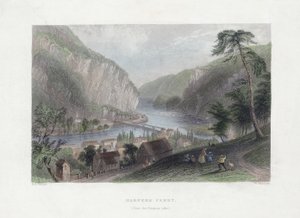 Harpers Ferry (ze strany Potomacu), pub. 1839 (ručně kolorovaná rytina) od William Henry Bartlett
