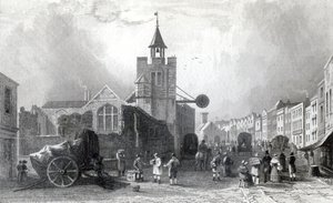 High St. s kostelem svatého Mikuláše, Colchester, Essex, rytina Charles Mottram, 1831 (rytina) od William Henry Bartlett