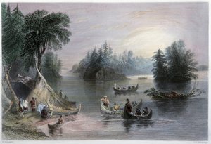 Indické týpí a kánoe, Banks of the St Laurent – v „“kanadské scenérii ilustrované“ W.H. Bartlett, Londýn od William Henry Bartlett
