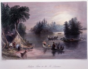Indiánské ležení na břehu Saint Laurent – v „“kanadské scenérii ilustrované“ Bartlettem W. H. od William Henry Bartlett