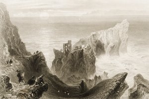 Hrad Kenbaan, poblíž Ballycastlu, hrabství Antrim, Severní Irsko, z knihy "Scenery and Antiquities of Ireland" od George Virtue, 60. léta 19. století od William Henry Bartlett